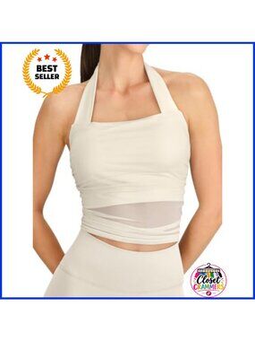 Halter Tank Top Built in Bra Mesh Workout Sports Bra Sleeveless